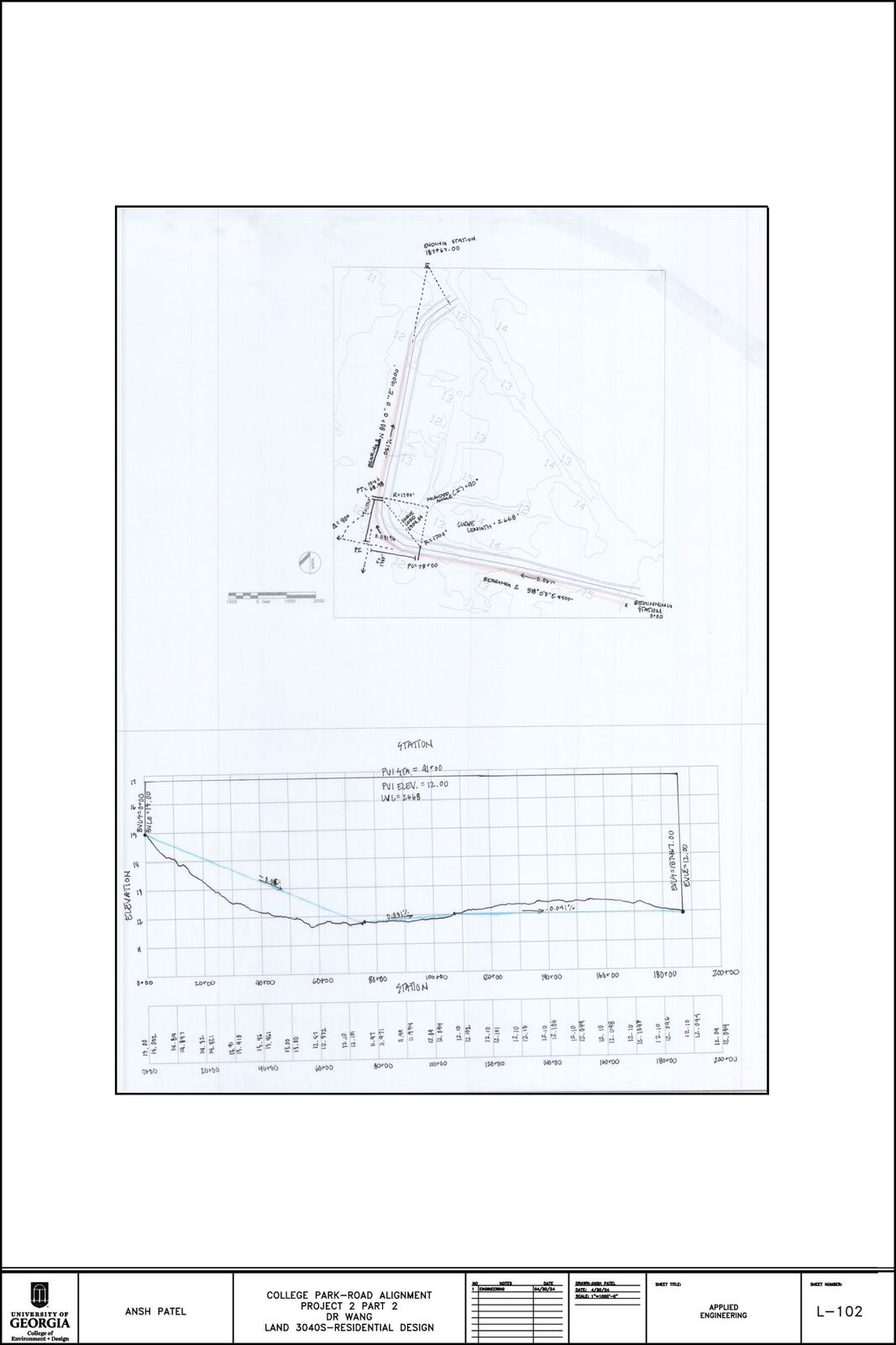 College Park road alignment plan with vertical profile